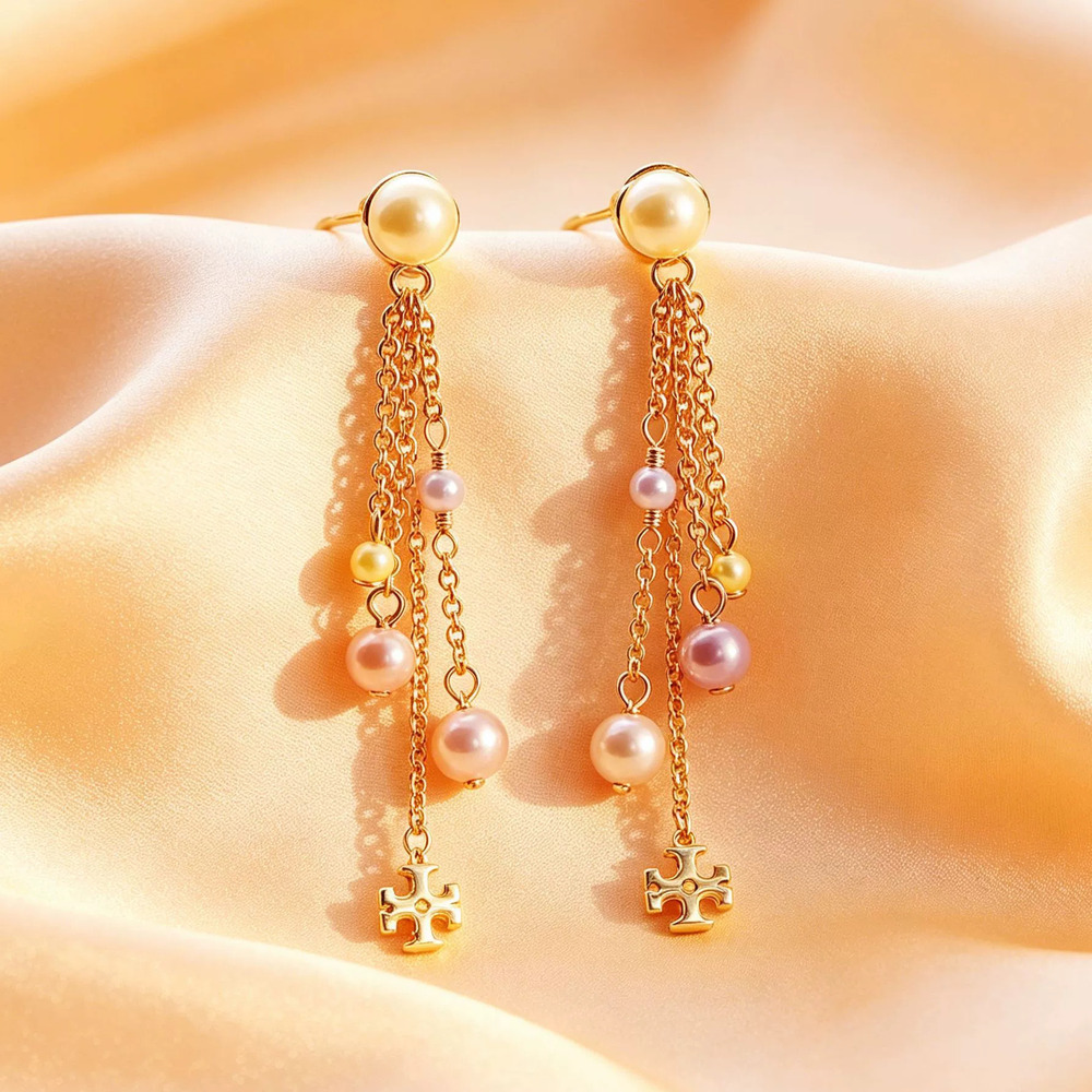 Tory Burch Pearl Stud and Gold Long Tassel Drop Earrings